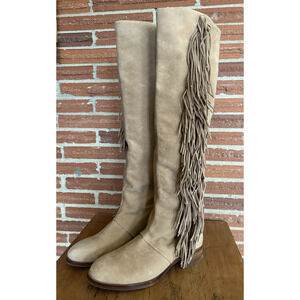 Sam Edelman Josephine Tall Fringe Leather Boots Tan Boho Festival Womens 7.5M